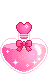 A pink potion in a heart shaped bottle.