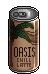 A brown can labelled Oasis Coffee with a palm tree on it.