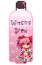 A pink bottle of 'witches brew' with an anime character on it.