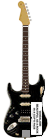 A black guitar with stickers.