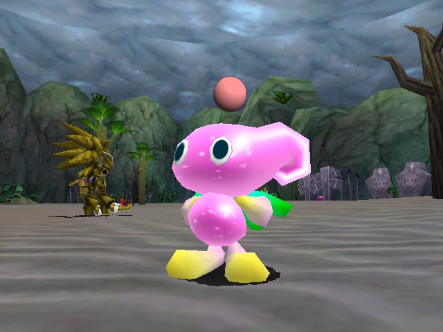 A monotone shiny pink neutral fly run chao with Sonic Adventure 2 rabbit small animal part arms and legs.