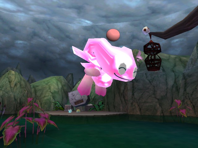 A monotone shiny pink neutral fly run chao with a jewel coat, Sonic Adventure DX rabbit small animal part arms and legs. The wings have the same shiny jewel coat texture as the body and it is wearing a small pink flower on its head.