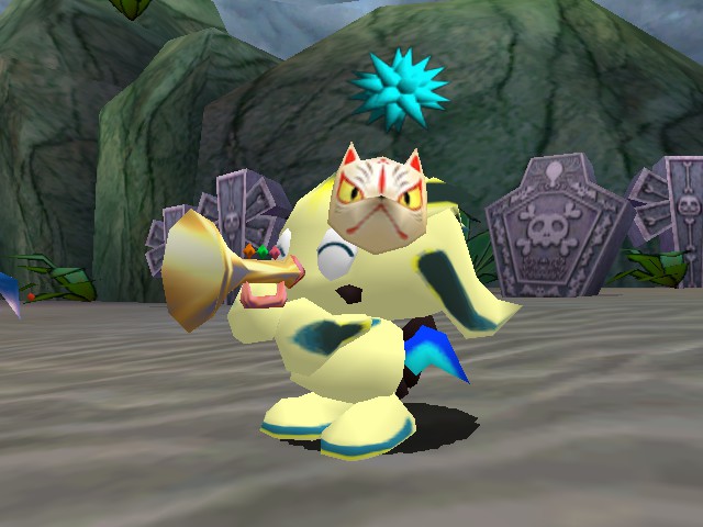 A two toned neutral dark run swim chao with it's colours reversed using the chao world extended mirror and scorpion small animal part mandibles and tail. It is wearing a japanese style fox mask on the side of its head.