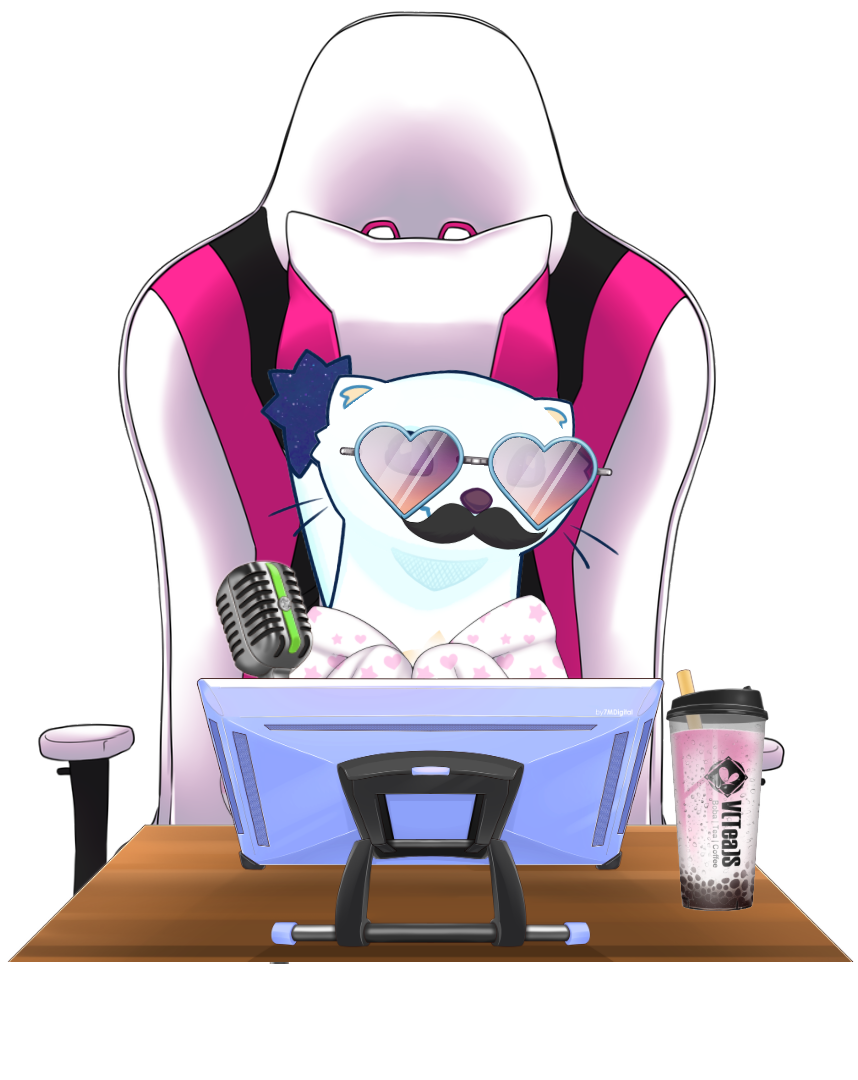 A white stoat in a gamer chair at a desk with a shaker bottle of tea.