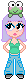 A girl in a casual outfit with keroppi on her head.