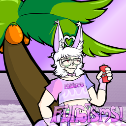 Furbisms sitting on a palmtree with a can of chaos cola.