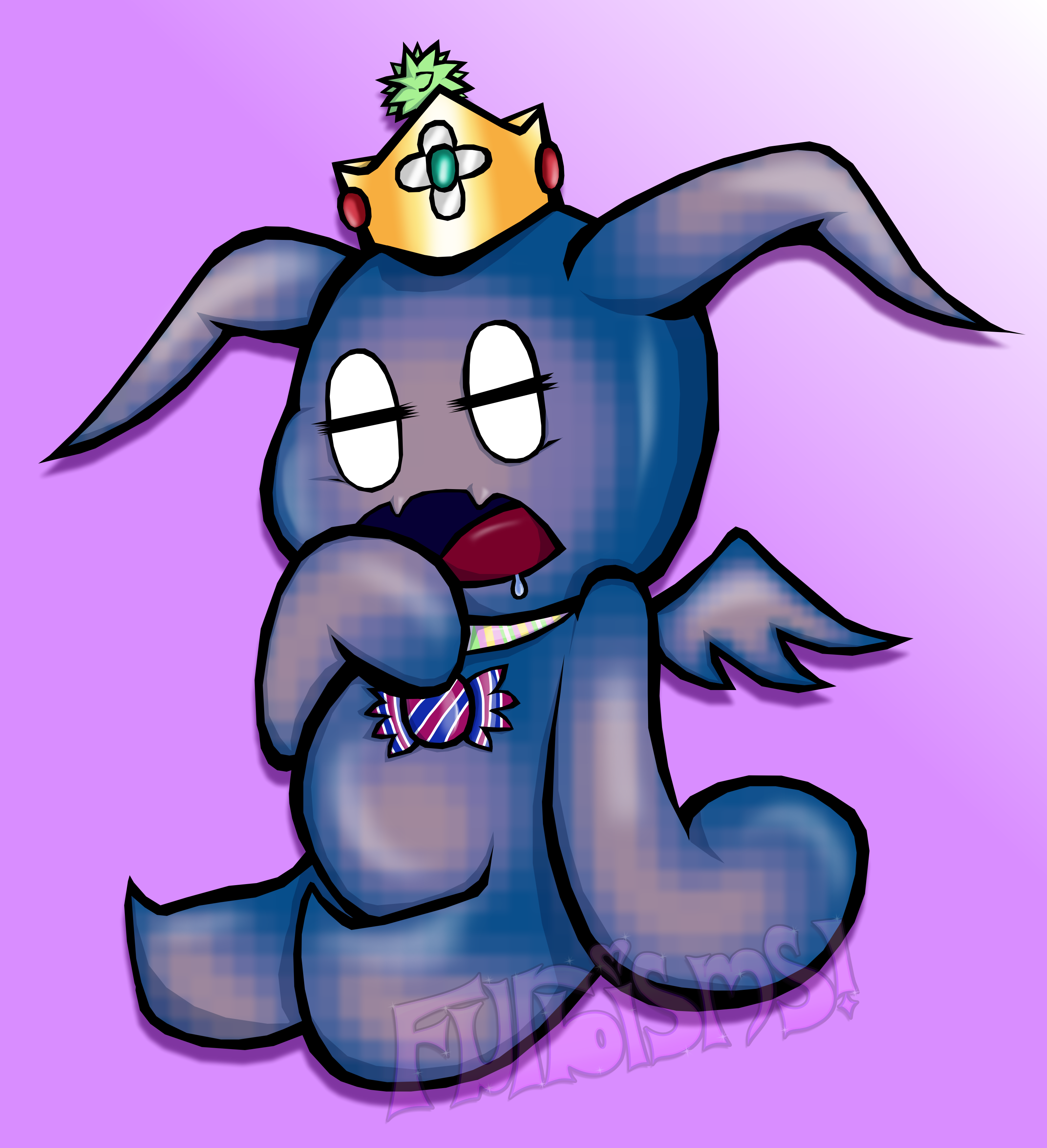 An illustration of a dark fly swim moon chao sitting and yawning. It is blue with pixellated pink highlights, has batlike wings and long thin ears on it's head. It's wearing a candy necklace and a princess crown. The style is cel shaded with thick lines.