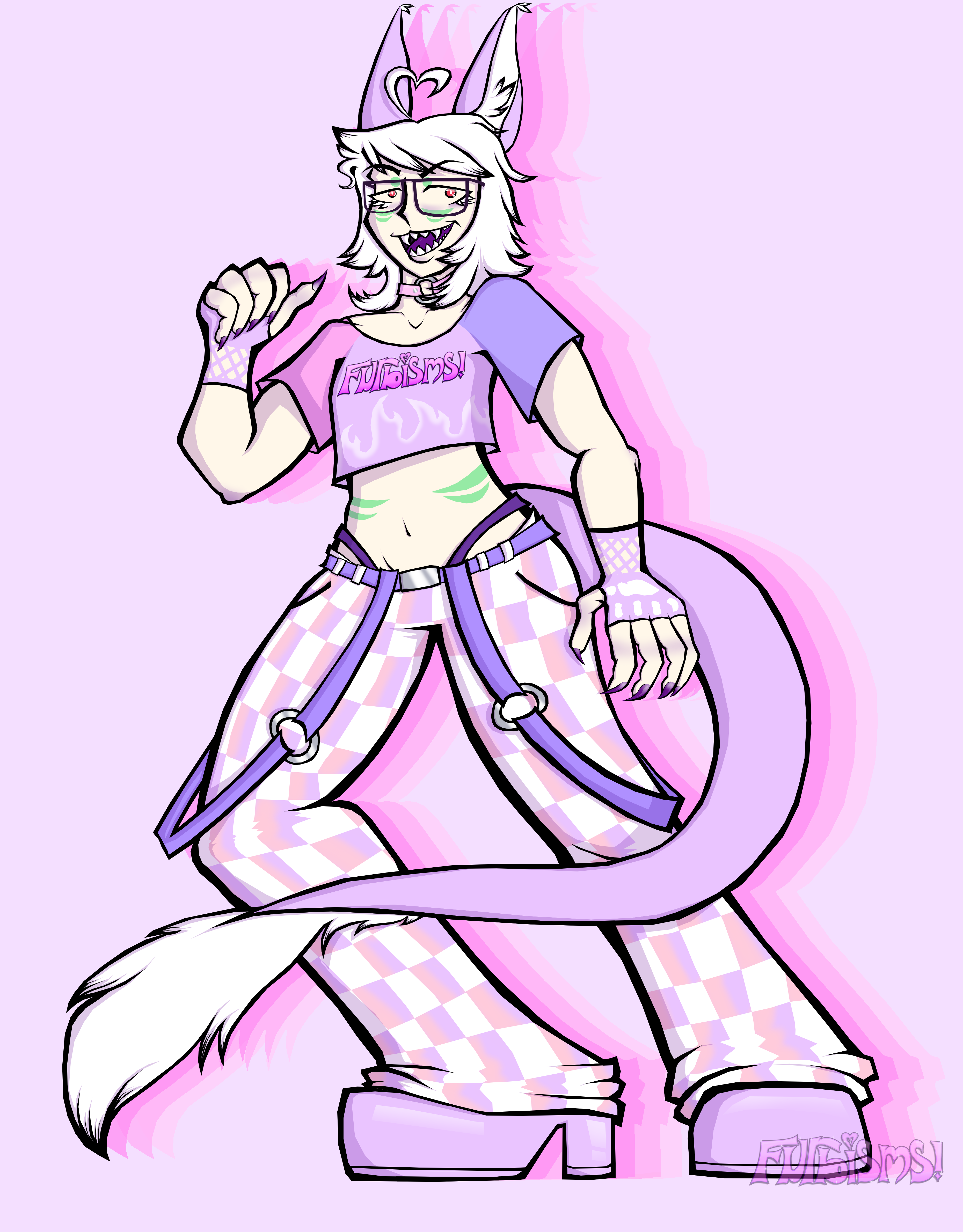 A cartoony illustration of furbisms striking a pose with one leg foreward and making a thumbs up. They are an androgynous thin light skinned humanoid with lavender animal ears and tail,  shoulder length white hair, and a pastel pink and purple alt style outfit.